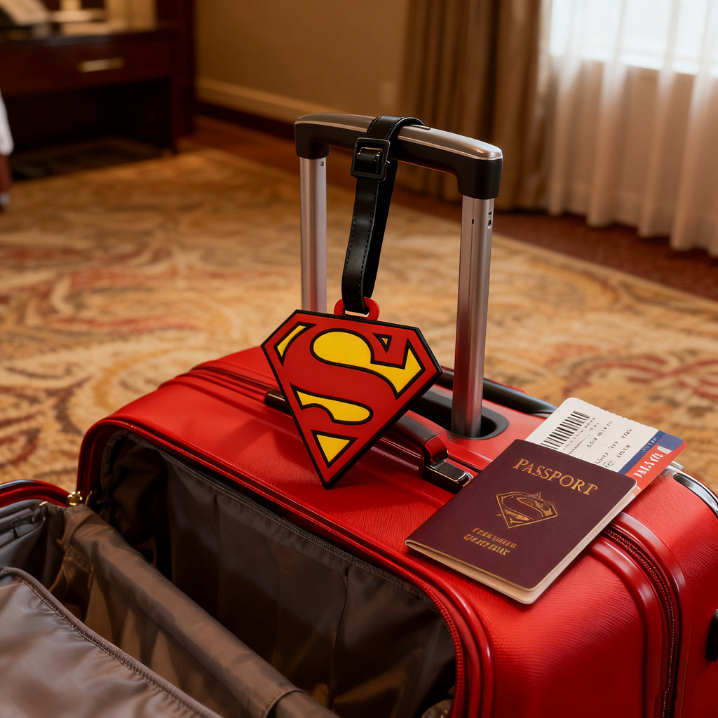 {Officially Licensed} 1 pc Justice League Classic Superman Logo Luggage Tag - Boarding Pass Baggage Tag, Trolley Bag Anti-Loss Tag, Identification Tag, Business Travel | Travel Accessory, Gift for Travel Enthusiasts, Durable Material