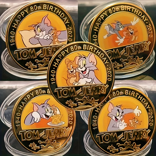 1 set of 5 Tom and Jerry character commemorative coins, metal art gift coins, gold anime collection decorative coins, suitable for giving friends birthday gifts