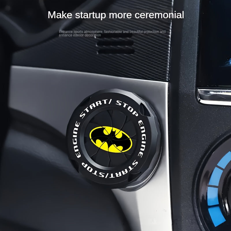 1pc Justice League Classic Bat Logo Black and Yellow Rotating Start Button Cover | Car and Motorcycle Ignition Key Switch Cover | Start Stop Button Cover Decoration