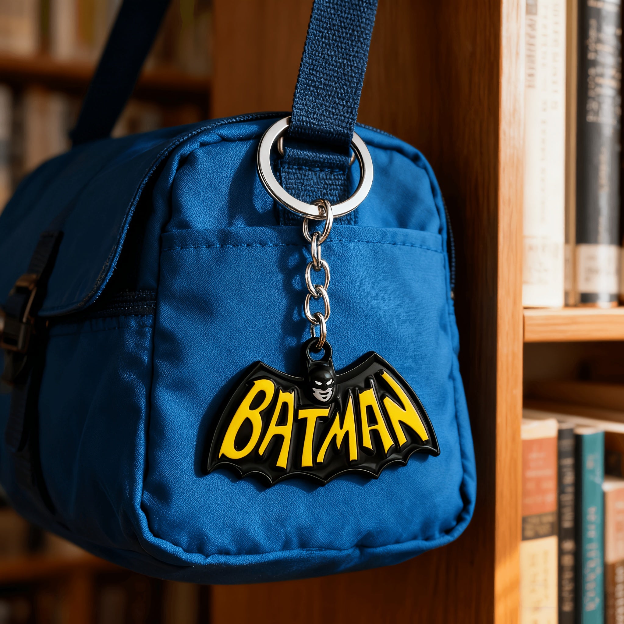 {Officially Licensed} 1 pc Justice League Classic Batman Logo Keychain Pendant - Retro lettering design, durable metal keychain, suitable for keys, backpack decorations, and car accessories; everyday wear and outdoor charm; birthday | Christmas gift.
