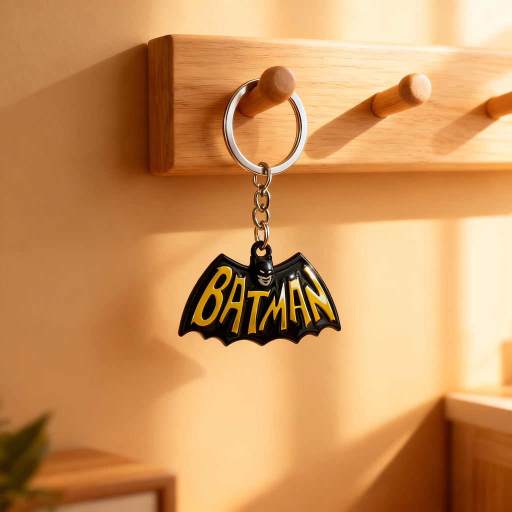 {Officially Licensed} 1 pc Justice League Classic Batman Logo Keychain Pendant - Retro lettering design, durable metal keychain, suitable for keys, backpack decorations, and car accessories; everyday wear and outdoor charm; birthday | Christmas gift.