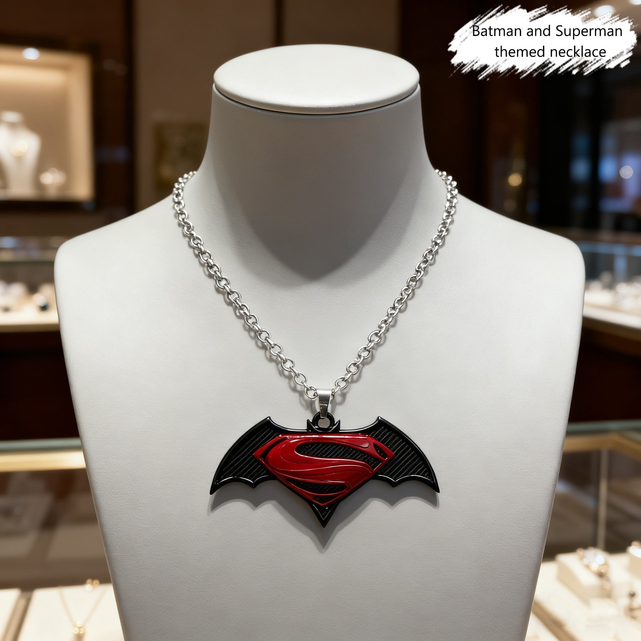 {Officially Licensed} 1 pc Justice League Batman and Superman Themed Pendant Necklace, fashionable chain, sweater chain, all-season accessory, superhero decoration, durable pendant, ideal gift for birthday parties, suitable for Christmas gifts.